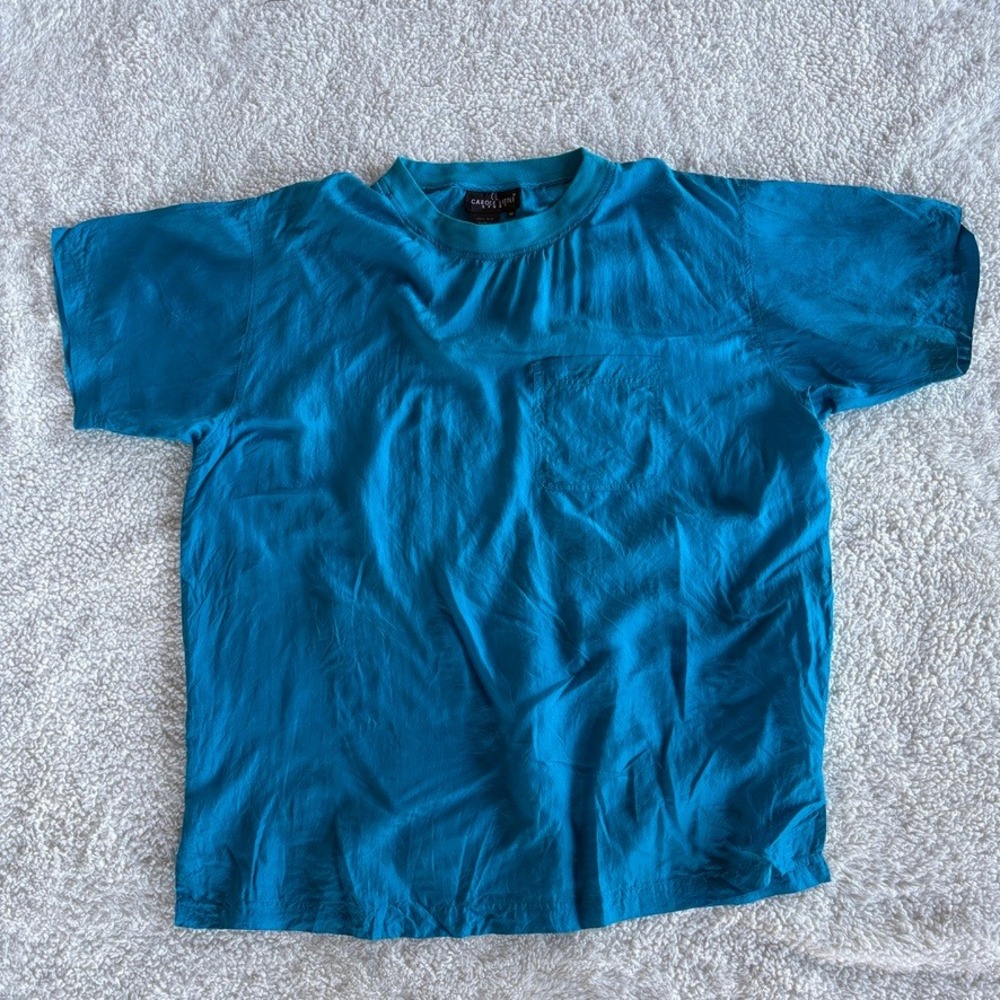 Carole Little Sport Vintage Teal‎ 100% Silk Pocket T-Shirt Women's 10 Flaws